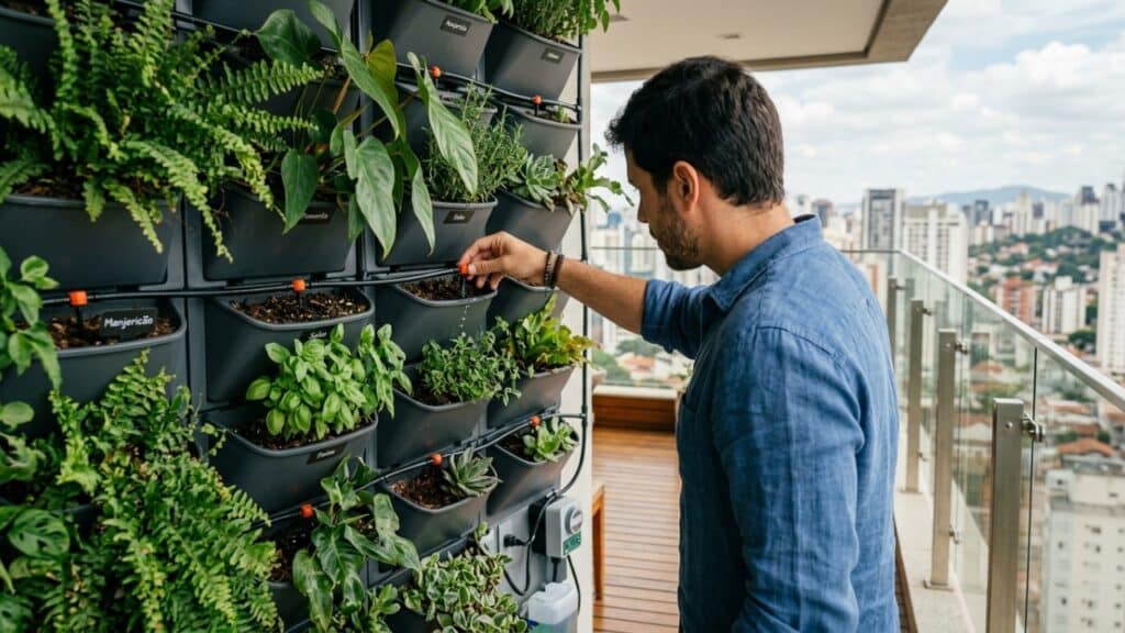 Sistema de irrigação vertical em varanda de apartamento urbano