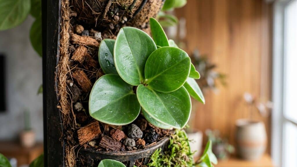 Folhas de peperômia em um nicho vertical