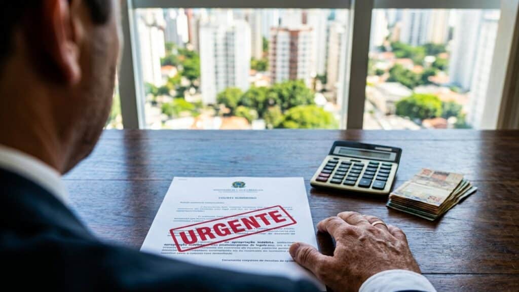 Visão sobre o ombro de pessoa lendo intimação judicial urgente, simbolizando as punições por retenção indevida