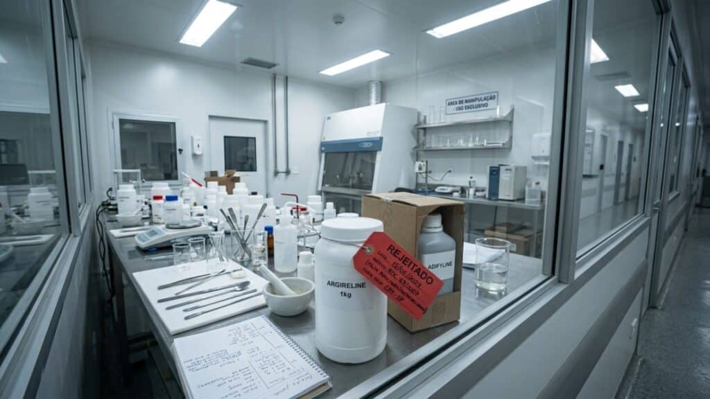 Interior de laboratório de manipulação com insumos irregulares etiquetados como rejeitados