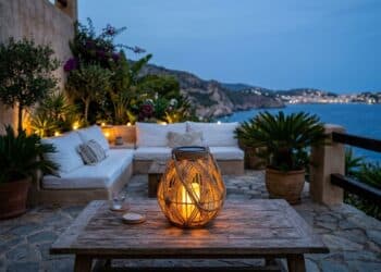 Lanterna solar de corda brilhando em um terraço sofisticado ao anoitecer