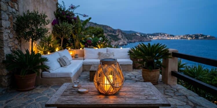 Lanterna solar de corda brilhando em um terraço sofisticado ao anoitecer
