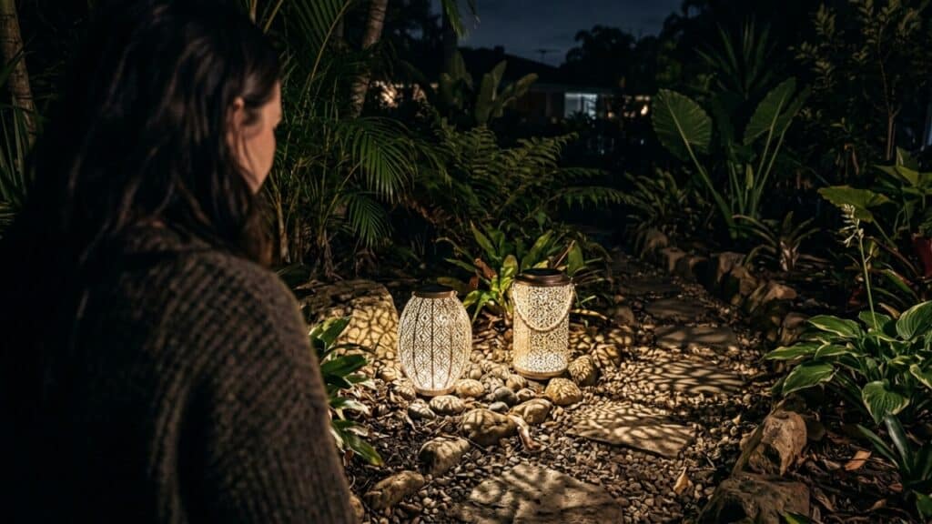 Conjunto de lanternas iluminando o caminho de um jardim residencial