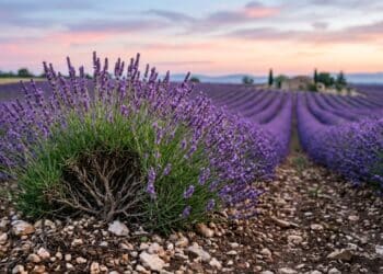 Lavanda vibrante em campo francês com foco no solo pedregoso