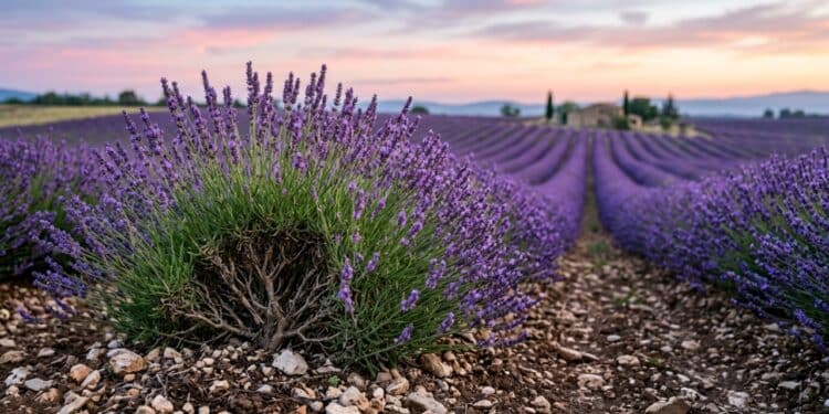 Lavanda vibrante em campo francês com foco no solo pedregoso