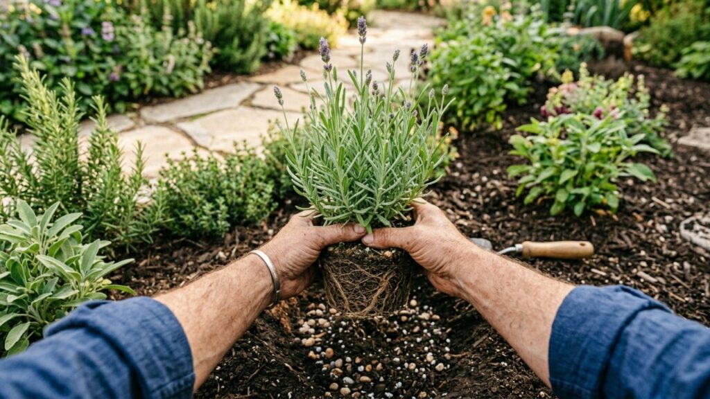Perspectiva do jardineiro plantando lavanda em solo preparado
