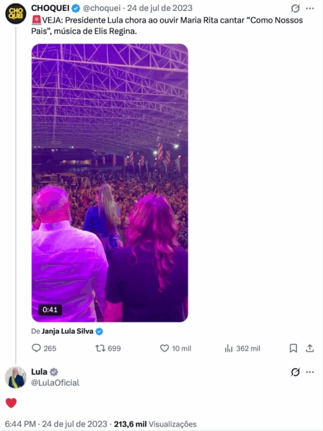 Lula e perfil Choquei trocaram interações no X e gesto chama atenção nas redes com troca de corações