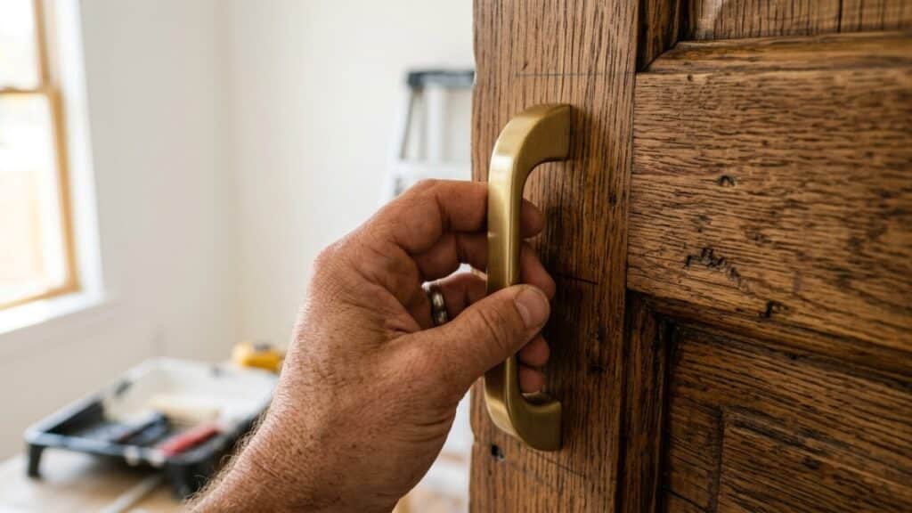 Puxador moderno em porta de madeira antiga restaurada