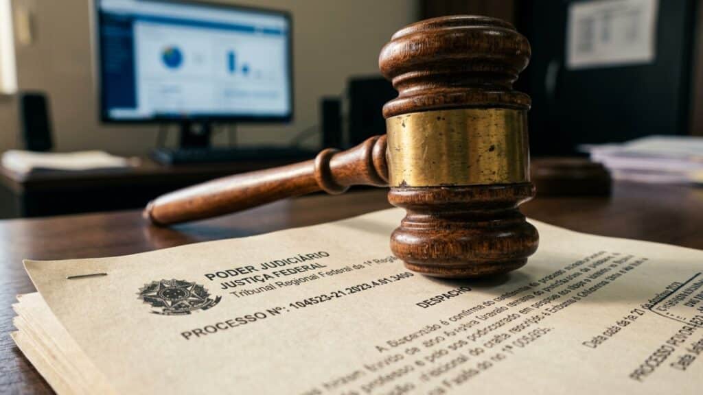 Martelo de juiz sobre documentos oficiais de execução