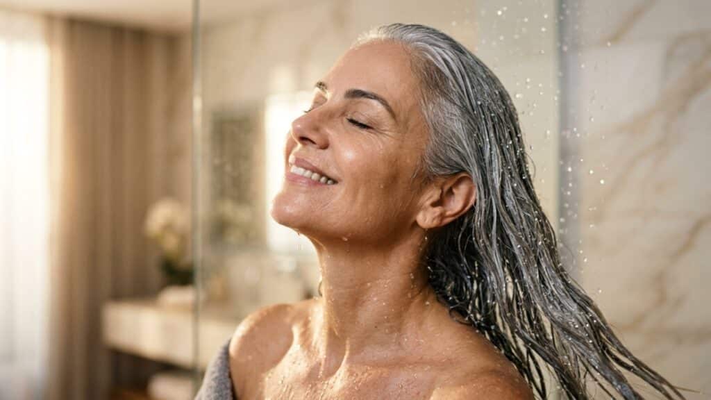 Cabelos grisalhos radiantes sob a água do chuveiro