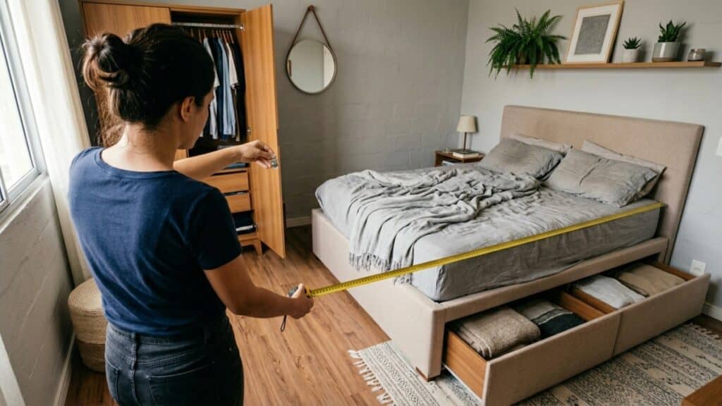 Medindo o espaço de circulação ao lado de cama com gavetas