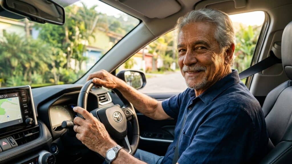 Idoso brasileiro sorrindo ao volante sob a luz suave da manhã