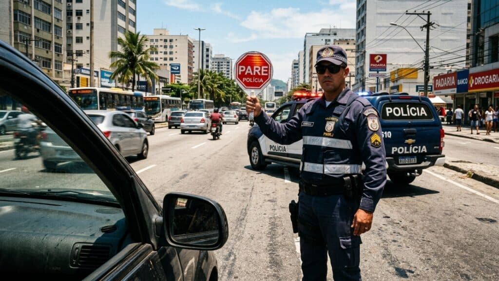 Blitz Policial em Avenida Brasileira sob Luz Solar Forte
