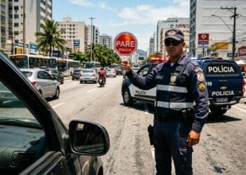 Blitz Policial em Avenida Brasileira sob Luz Solar Forte