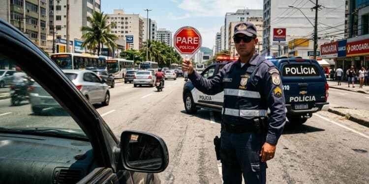 Blitz Policial em Avenida Brasileira sob Luz Solar Forte