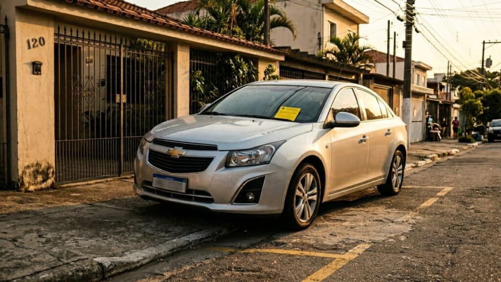 Carro estacionado em guia rebaixada com multa no para-brisa sob luz solar