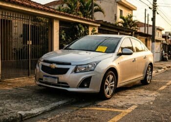 Carro estacionado em guia rebaixada com multa no para-brisa sob luz solar