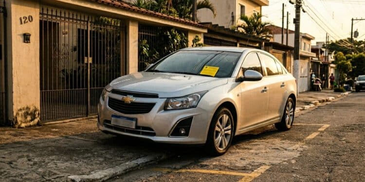 Carro estacionado em guia rebaixada com multa no para-brisa sob luz solar