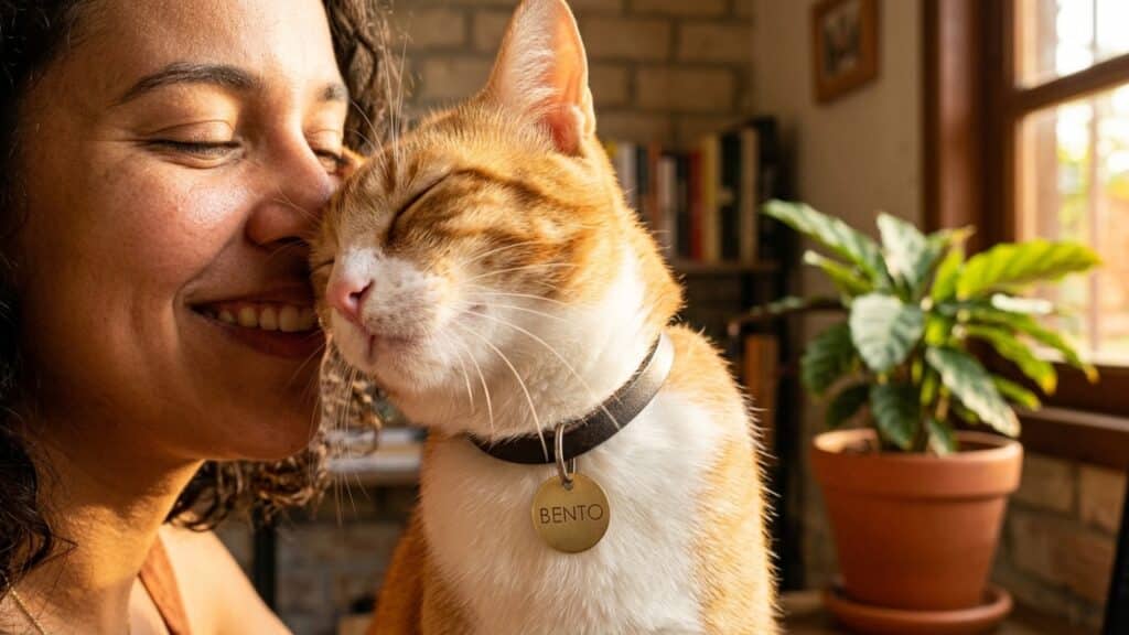 Gato apegado com placa de nome Bento sob luz dourada