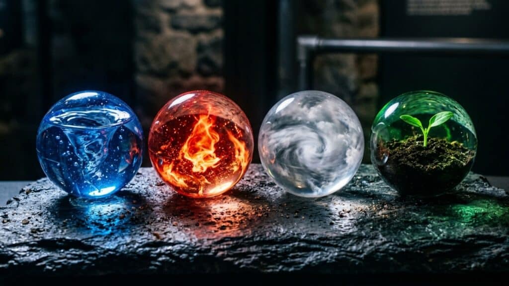 Quatro esferas representando os elementos Fogo, Água, Ar e Terra