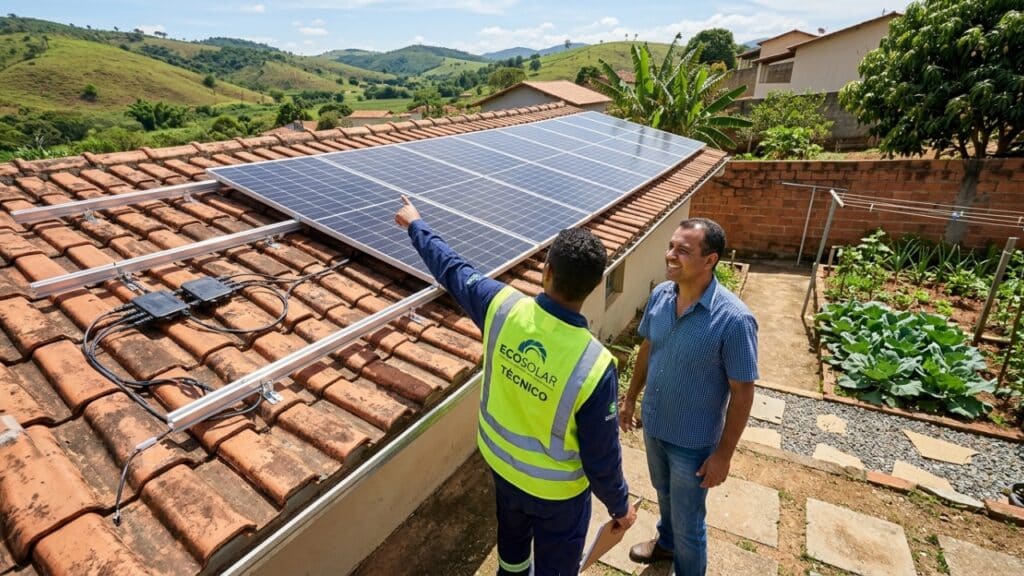 Proprietário e técnico analisando instalação de painéis no telhado