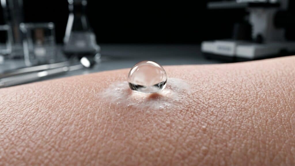 Gota de substância química corrosiva atingindo superfície que simula a pele