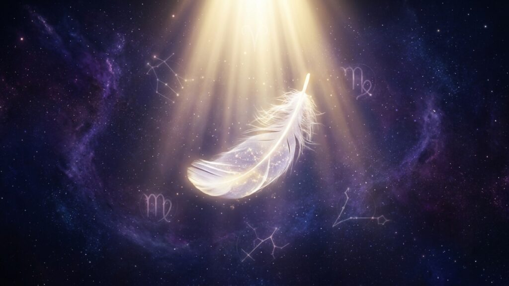 Pena branca iluminada por uma constelação de signos do zodíaco