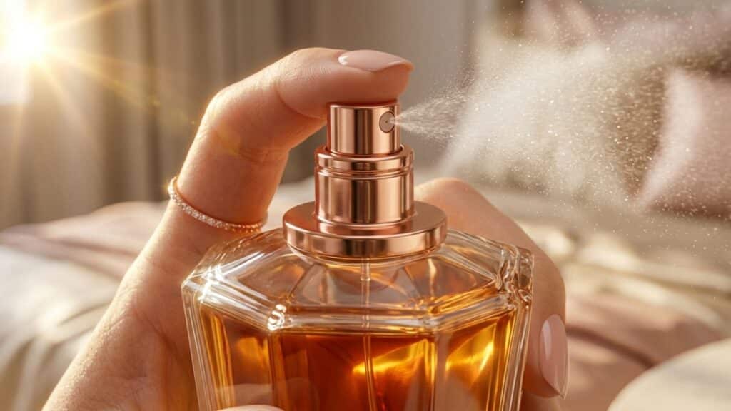 Elegante de frasco de perfume refletindo a luz do sol