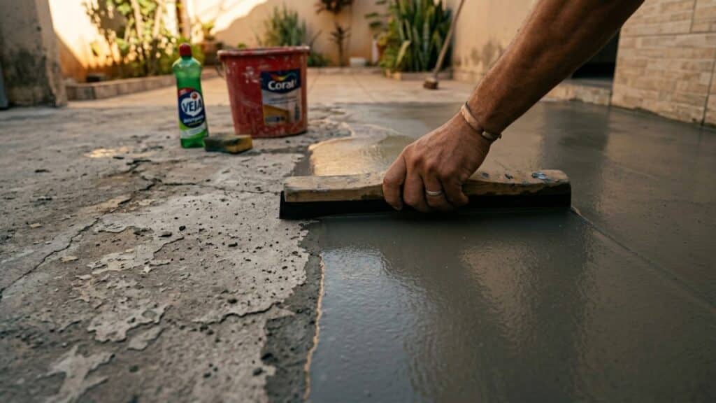 Piso velho sendo transformado em novo com rodo e mistura fluida