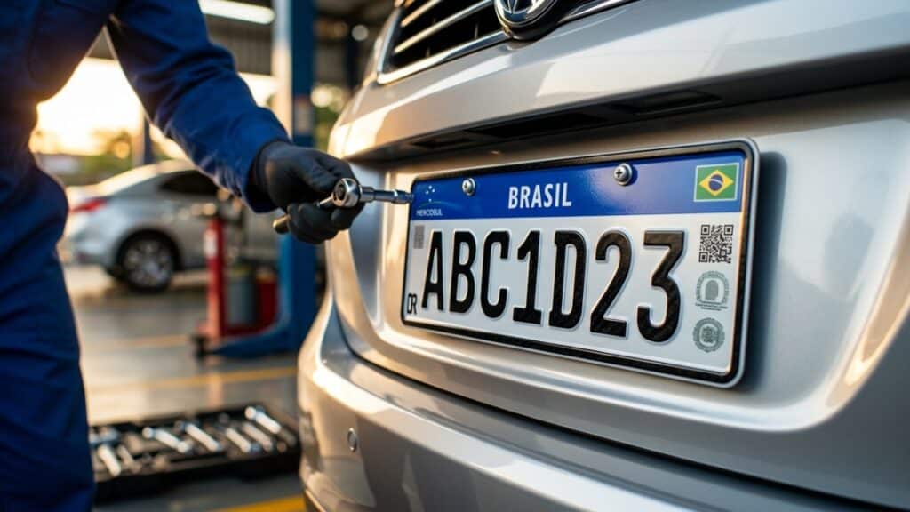 Placa Mercosul sendo instalada em carro prata sob luz solar, destacando o código QR e o selo de segurança