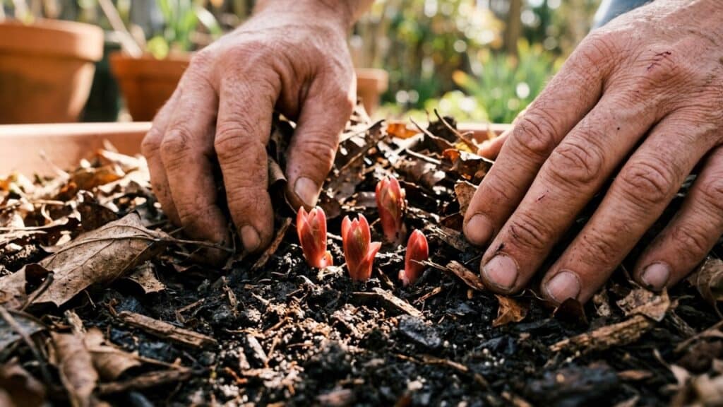 Mãos limpando a base da planta para revelar novos brotos na terra