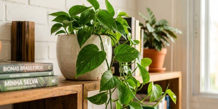 Planta jiboia em cascata iluminada pelo sol da tarde
