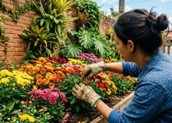 Pessoa cuidando de crisântemos coloridos em um canteiro residencial