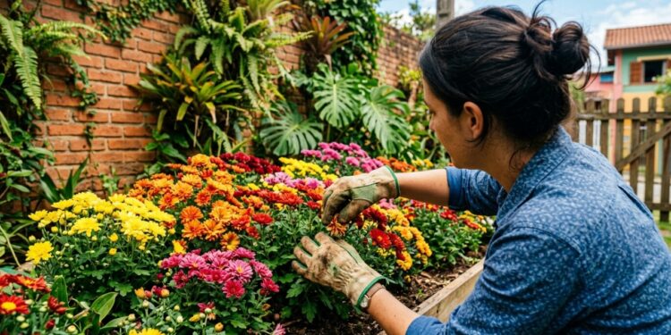 Pessoa cuidando de crisântemos coloridos em um canteiro residencial