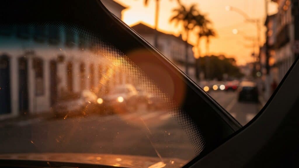 Detalhe artístico dos pontinhos pretos e da borda cerâmica em um para-brisa