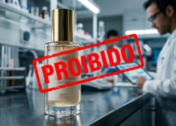 Frasco de cosmético com selo de proibição em ambiente clínico