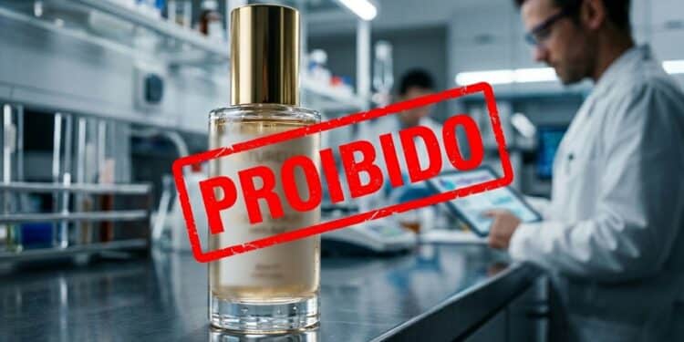 Frasco de cosmético com selo de proibição em ambiente clínico