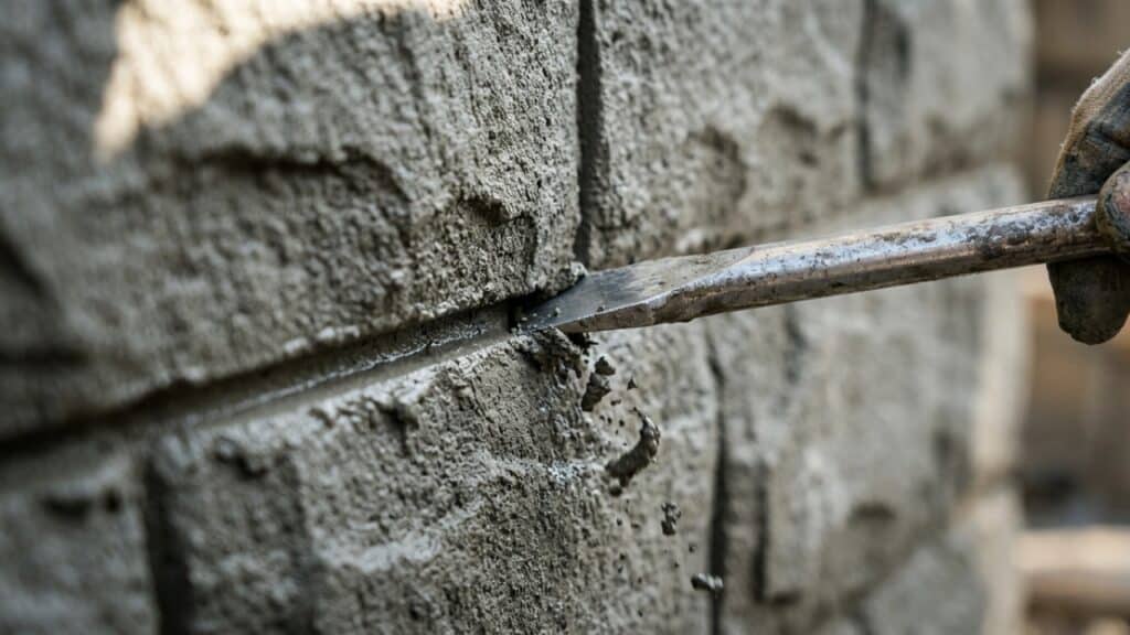 Ferramenta metálica esculpindo as divisões entre as pedras no reboco