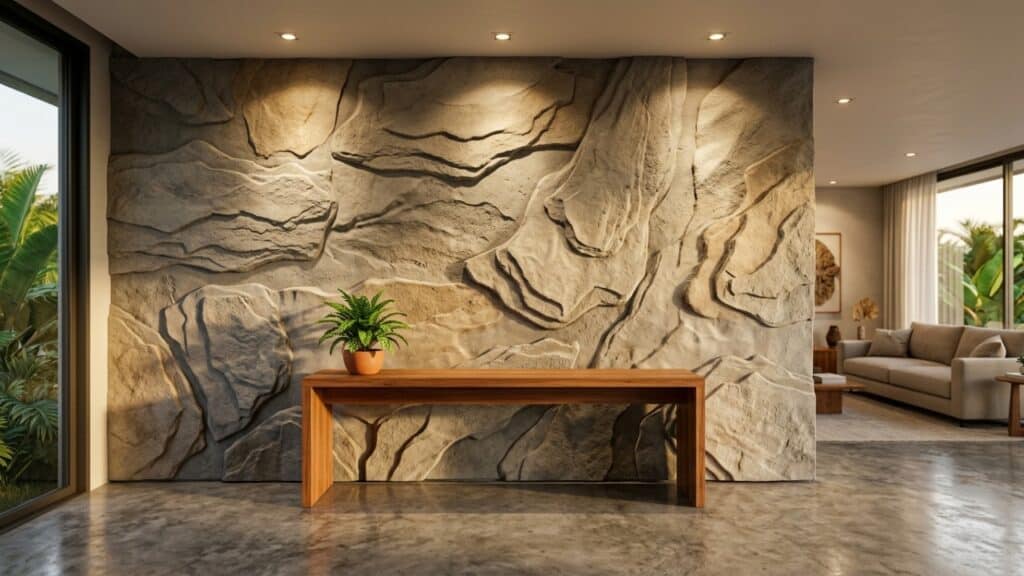 Parede com reboco 3D imitando pedras iluminada de forma dramática