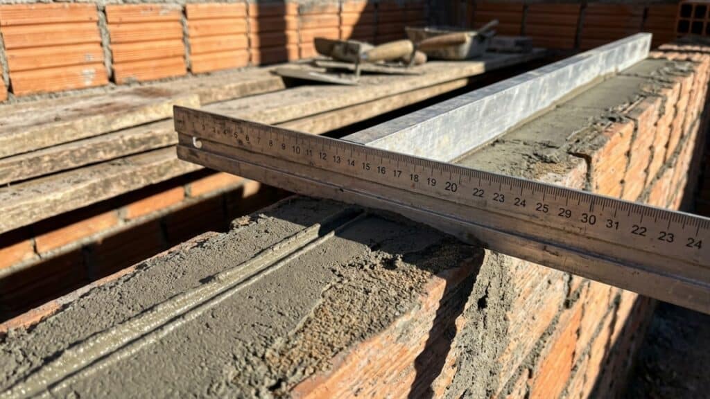 Régua de alumínio nivelando uma mestra de reboco