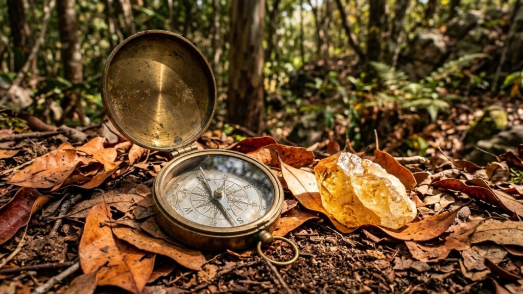 Bússola antiga e cristal sobre a terra, simbolizando direção e foco
