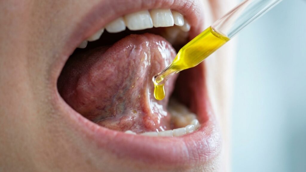 Gota de suplemento sendo aplicada sob a língua, representando a via de absorção sublingual