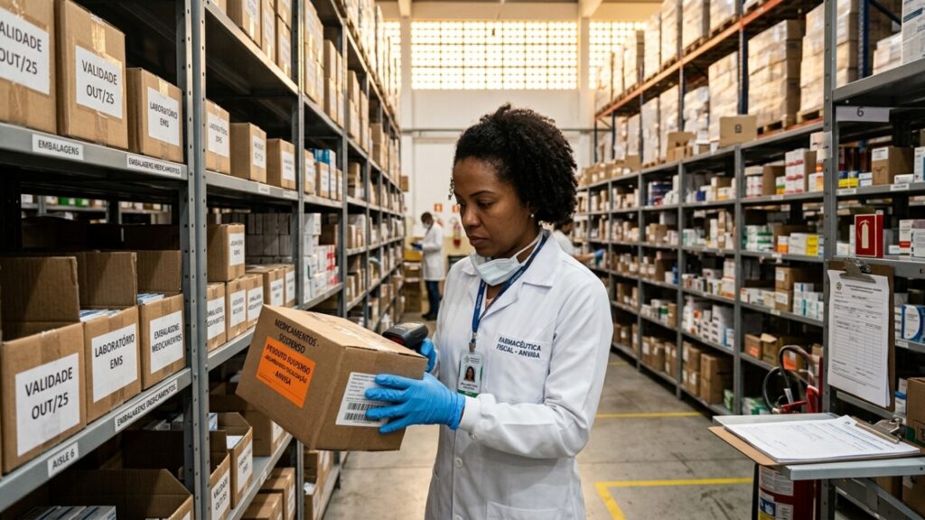 Profissional de saúde inspecionando caixas de dispositivos médicos