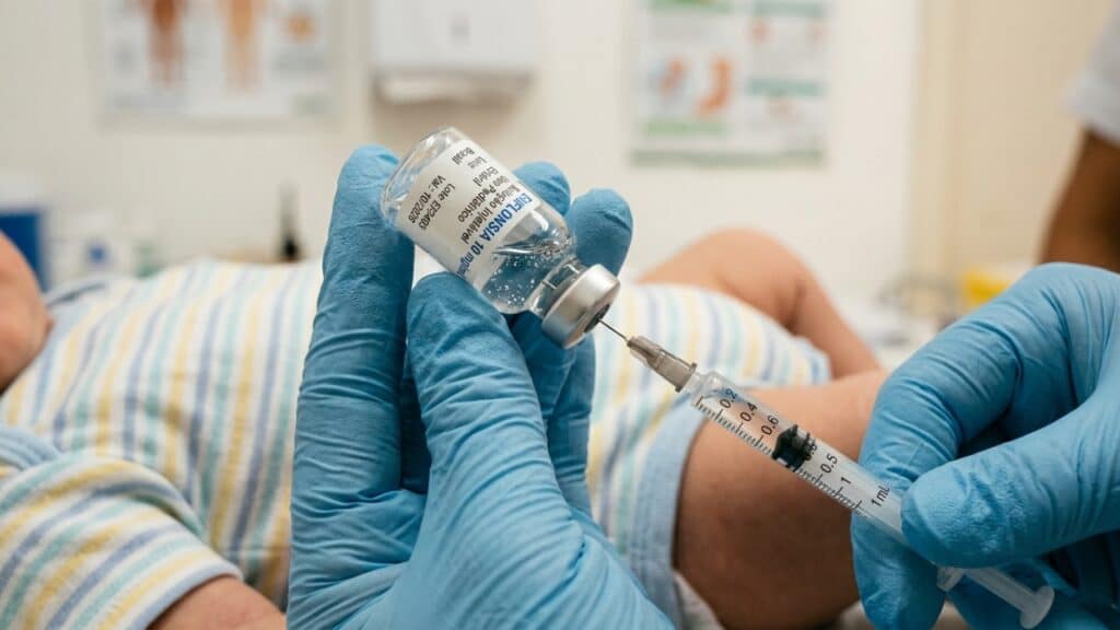 Detalhe de mãos profissionais preparando o medicamento preventivo