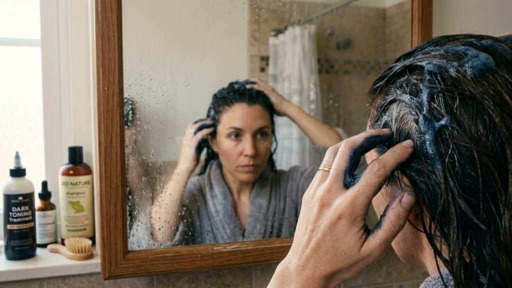 Mulher aplicando shampoo pigmentado nas têmporas