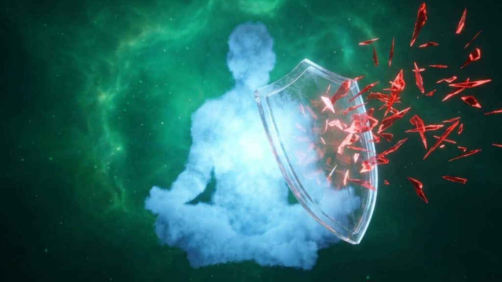 Silhueta de luz protegida por um escudo de cristal contra energias caóticas