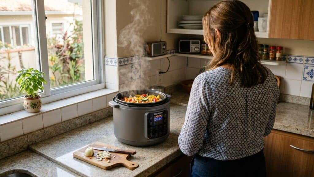 Aparelho multifuncional refoga vegetais em uma bancada de cozinha organizada