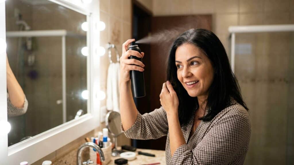 Mulher aplicando spray de retoque instantâneo na raiz em frente ao espelho