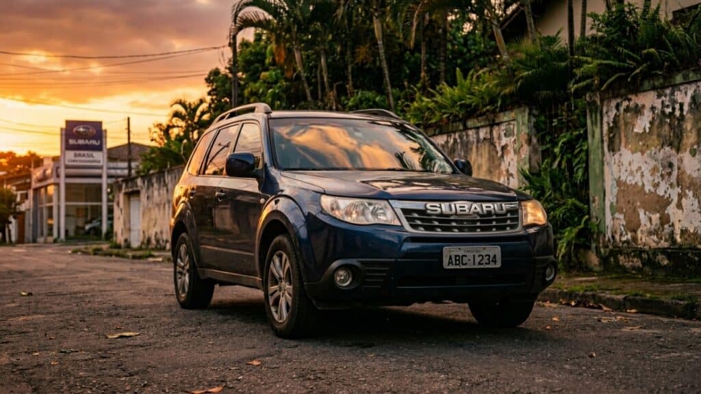 Subaru Forester estacionado sob a luz dourada do pôr do Sol