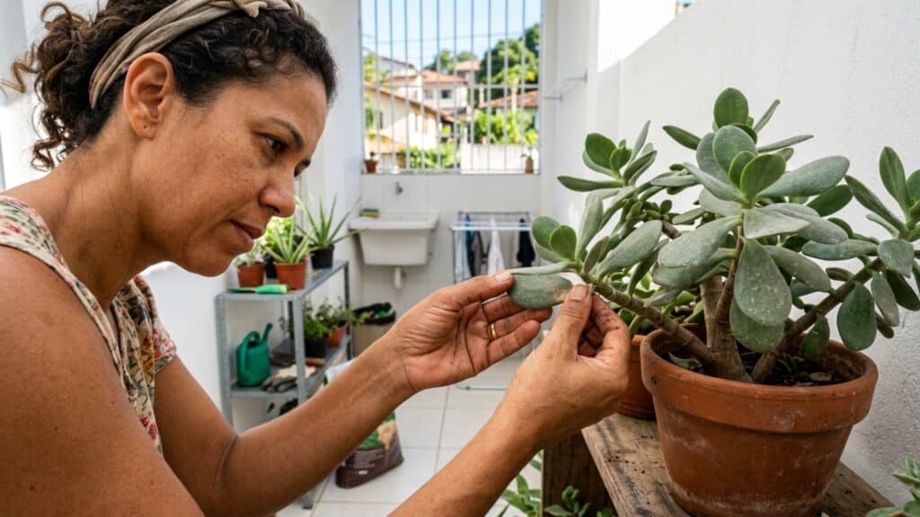 Removendo cuidadosamente uma folha de suculenta para fazer muda